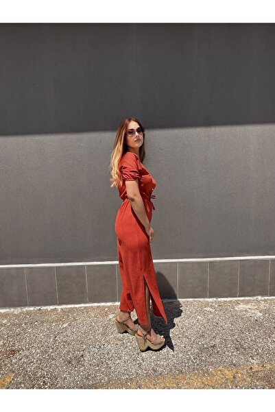 ileenofficial Kiremit rengi önden düğmeli elbise