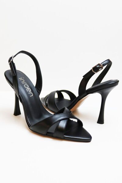 inroen Sivri Burun Çapraz Bantlı Hakiki Deri Topuklu Ayakkabı SİYAH