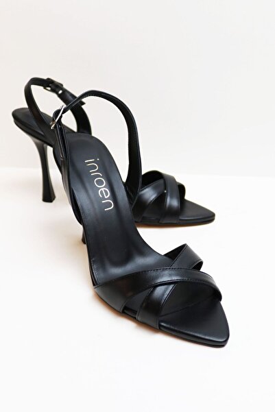 inroen Sivri Burun Çapraz Bantlı Hakiki Deri Topuklu Ayakkabı SİYAH