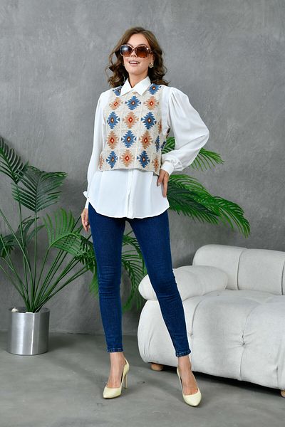 Miss Allos Ethnic Patterned Women's Knitwear Sweater and White Shirt Set
