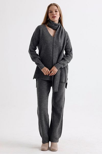 MD trend High Waist V-neck Knitwear Sweater and Lace-up Trousers - Three Pieces Set