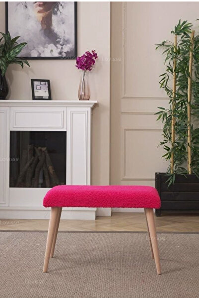 LOVİSSE HOME Fuşya Gürgen Retro Ahşap Ayaklı Dekoratif Pofuduk Bench Puf Kolt...