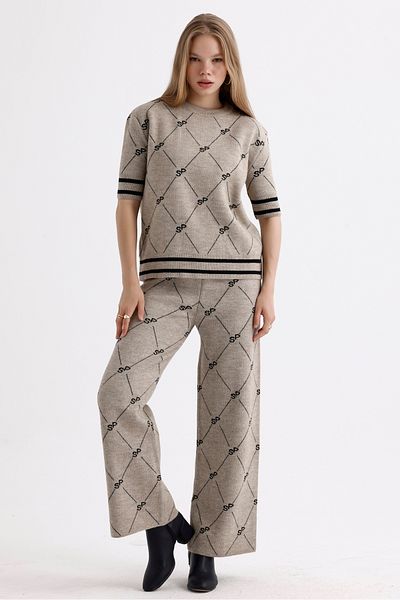 MD trend Diamond Patterned Women's Knitwear Set - Stripe Detailed Trousers, Sweater and Cardigan