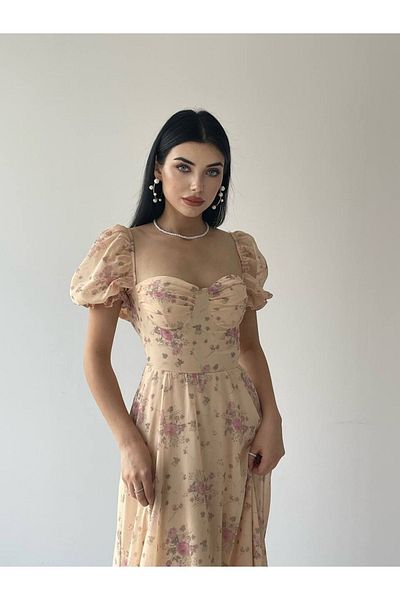 Afiş Butik فستان نسائي صيفي متوسط الطول منقوش بالزهور باللون البيج والأصفر ومبطن من قماش الشيفون والقطن