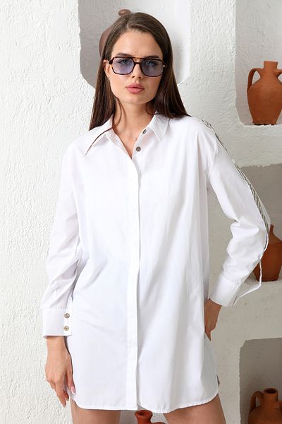 JESSE STORY Rochie cămașă-tunică cu imprimeu cu piatră albă, design cu dungi cu detalii de piatră