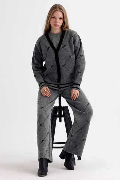 MD trend Diamond Patterned Women's Knitwear Set - Stripe Detailed Trousers, Sweater and Cardigan