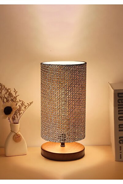 HOMİNG Retro Dark Wicker - with Cylindrical Lampshade and Wooden Walnut Base