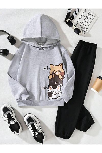 MORNİNG KİDS Grey-black Kids Sweatshirt and Tracksuit Set - Hooded, Cats Printed
