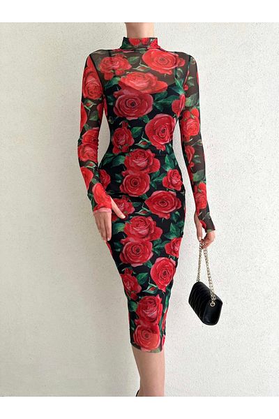 Afiş Butik Rochie roșie cu mâneci lungi din tul cu modele florale