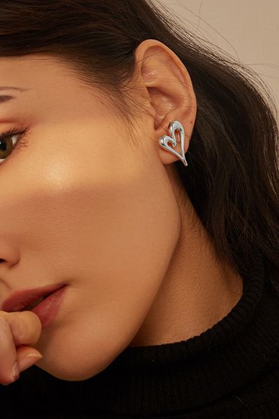 Glaren Minimal Asymmetrical Heart Silver Color Women's Earrings
