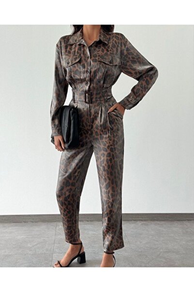 Leos Moda Leopar Desenli Kemerli Parlak Tulum