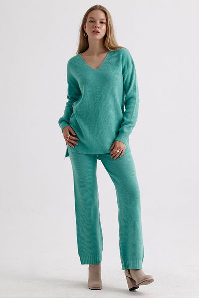 MD trend High Waist V-neck Knitwear Sweater and Lace-up Trousers - Three Pieces Set
