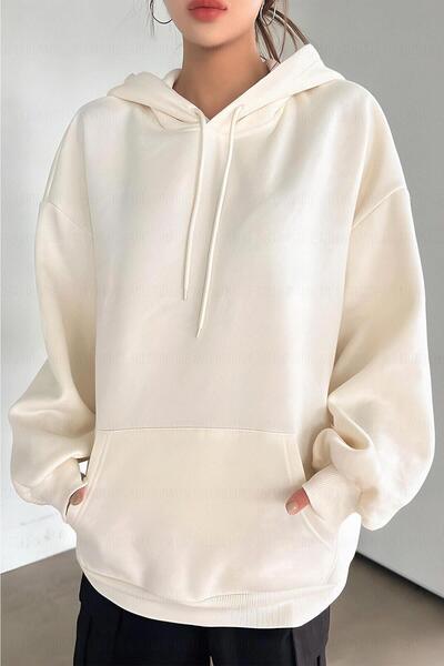 Millionaire Kadın Kırık Beyaz Krem Ekru Düz Kapüşonlu Oversize 3 Iplik Şardonlu Salaş Bol Kesim Hoodie Sweatshir
