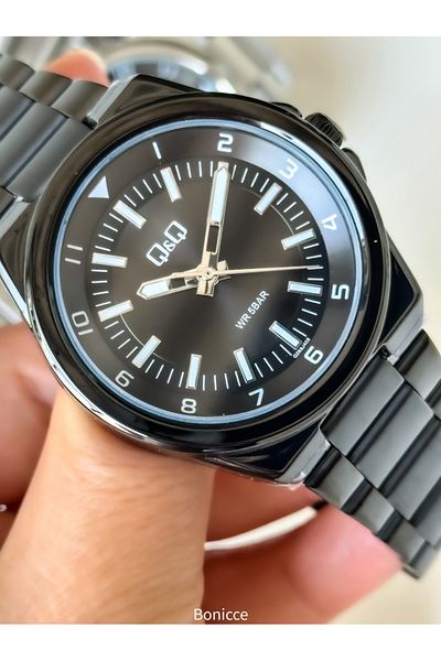 Q&Q Black Men's Wristwatch - Waterproof, 2 Years Warranty, Ion Coated Case, Rosary Bracelet