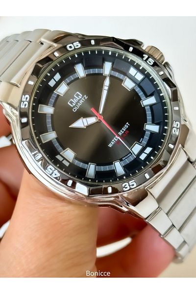 Q&Q Men's Silver Color Steel Cord Waterproof Wristwatch Rosary Bracelet