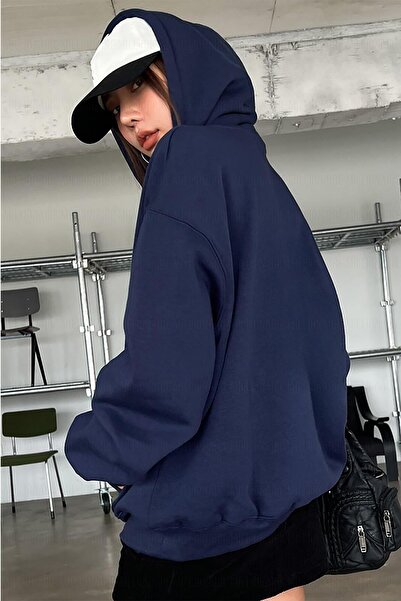 Millionaire Kadın Lacivert Düz Kapüşonlu Oversize 3 iplik Şardonlu Salaş Bol Kesim Hoodie Sweatshirt
