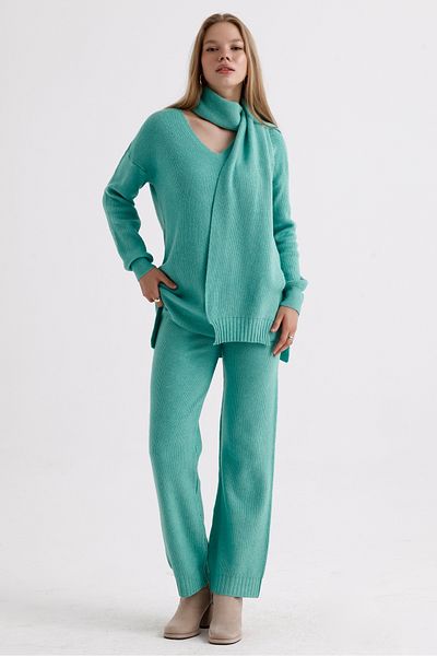 MD trend High Waist V-neck Knitwear Sweater and Lace-up Trousers - Three Pieces Set
