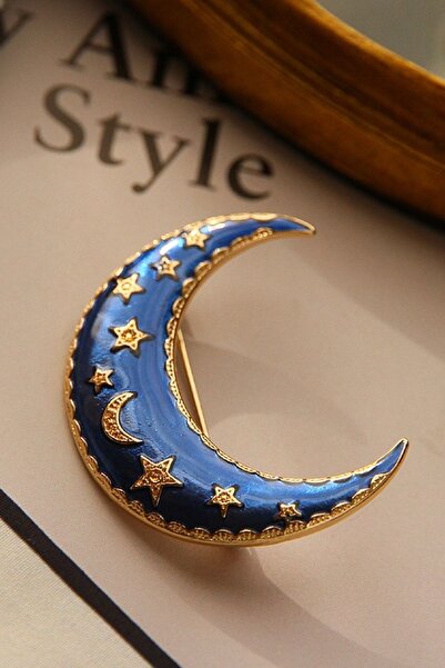 Glaren Gece Temalı Altın Renk Kadın Büyük Ay Broş
