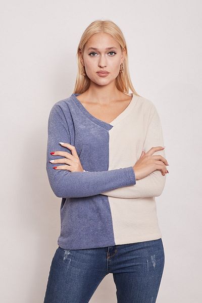 Jument Fleece Towel V-Neck Double Color Long Sleeve Sweat-indigo Cream