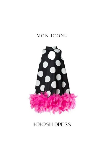 mon icone Polka Dot Feather Detailed Dress