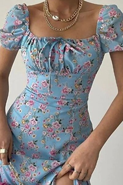 LULU LOOK dámský rozparek, sukně volného střihu, výstřih, detail kravaty, krátký rukáv, květované bílé letní šaty