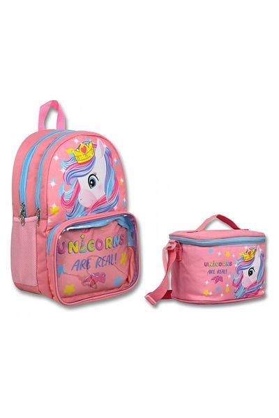 ÜMİT ÇANTA Cennec Pink Unicorn Primary School Backpack and Lunchbox Set with Transparent Compartments - Girl
