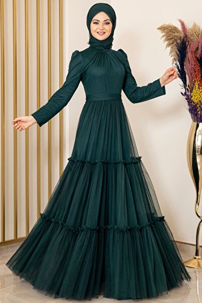Fashion Showcase Petrol Color Ruffle Tulle Evening Dress