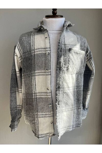 MartinoButik Men's Winter Lumberjack - Gray Oversize Jacquard Single Pocket Shirt