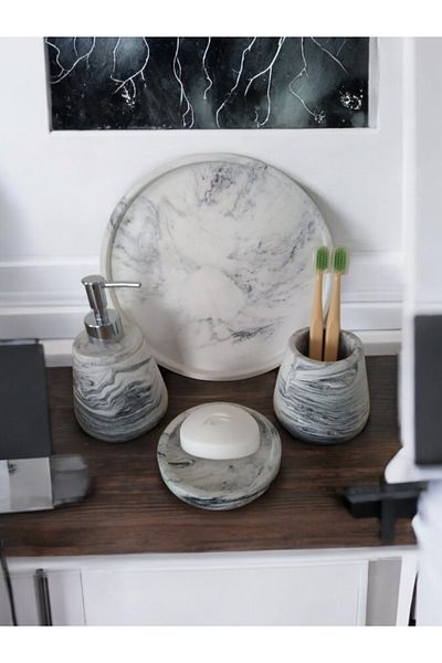 Trust Stone Σετ μπάνιου από σκυρόδεμα 4 τεμαχίων Marble Series - Υγρό σαπούνι, Αξεσουάρ οδοντόβουρτσας