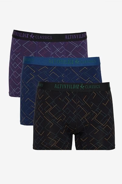 ALTINYILDIZ CLASSICS Ανδρικό Premium βαμβακερό μαύρο-ναυτικό μπλε Standard Fit με μοτίβο εύκαμπτο πακέτο μπόξερ 3 τεμαχίων