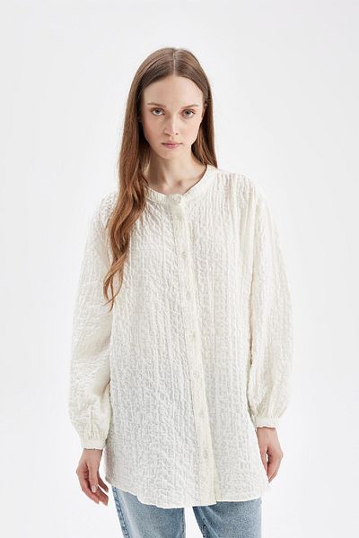 DeFacto Košeľová tunika Richter Collar Relax Fit – dlhý rukáv, textúra Seersucker D4145Ax24Au