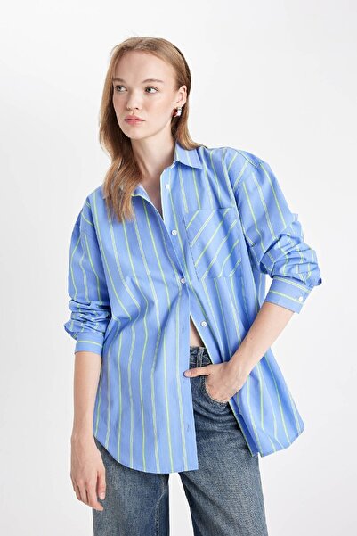 DeFacto Oversize Wide Fit Pocket Striped Poplin Long Sleeve Shirt B1132Ax24Au