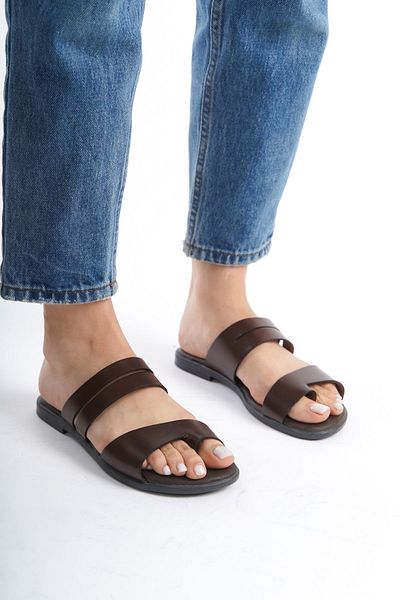 MİSS AMORE Brown Genuine Leather Women's Flip Flops