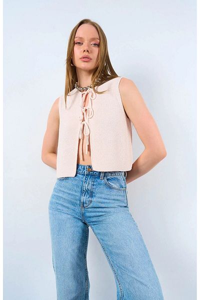 CADDELAMODA Tie-Up Knitwear Women's Blouse and Vest Set