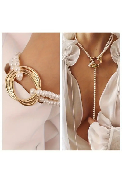 maia طقم خواتم بتفاصيل اللؤلؤ - قلادة وسوار