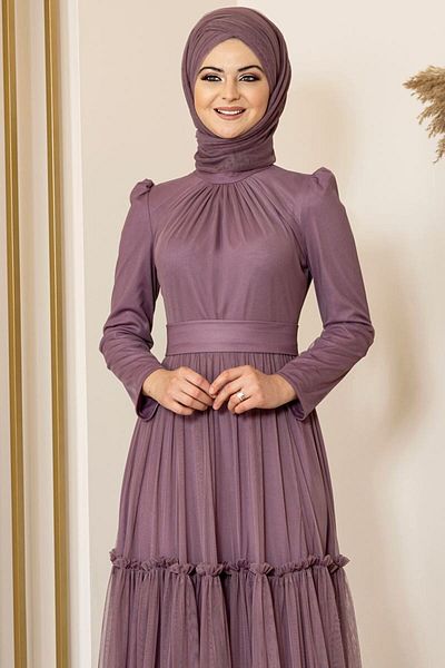 Fashion Showcase Rochie de seara din tul liliac - Fusta cu volane
