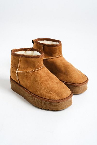 sfy shoes Tan Suede Mini Half Boots - Χοντρή σόλα και γούνινο εσωτερικό γυναικεία παπούτσια