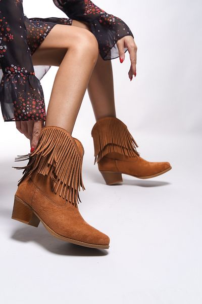 Riccon Wrioviah Γυναικείες μπότες Western - Φούντες, Tan Suede, Μοντέλο 0012710