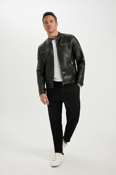 DeFacto Stand CollarSlimFit Faux Leather Jacket - Lined, C6965ax24au