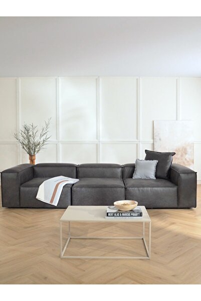 S Home Design Concept Frida 3 Modül Modüler Mini Köşe Koltuk / Üçlü Kanepe, Nubuk, Kırık Beyaz