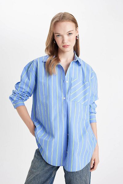 DeFacto Oversize Wide Fit Pocket Striped Poplin Long Sleeve Shirt B1132Ax24Au