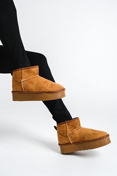 sfy shoes Mini Taba Süet Içi Tüylü Kalın Taban Yarım Bot Kadın Ayakkabı