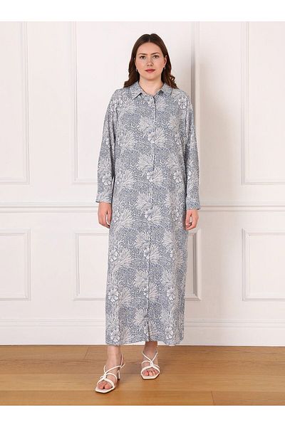 ALİA Plus Size Blue Floral Patterned Shirt Collar Hijab Dress - Alia