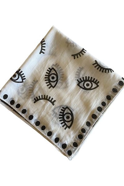 leillART Women's White Color Eye Patterned Handmade Cotton Hair Bandana
