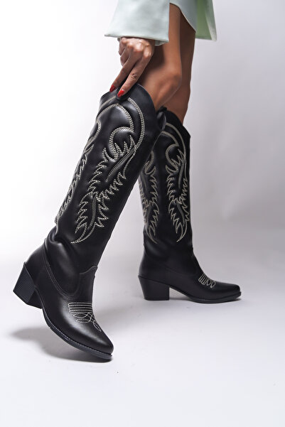 Riccon Zreidira Kadın Nakışlı Western Çizme 001290 Siyah Cilt