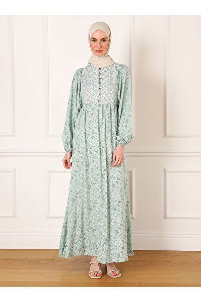 Refka Viscose Hijab Dress - Natural Fabric, Brit Button Detail, Cagla Flower-...