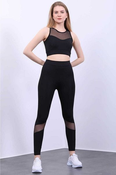 DE STORE Jambiere sport negre pentru femei cu talie înaltă și detaliu din tul