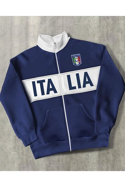 npLStore Unisex Μεγάλο Μέγεθος Italy Printed Navy Blue Λευκό Χρώμα Χοντρό μπουφάν