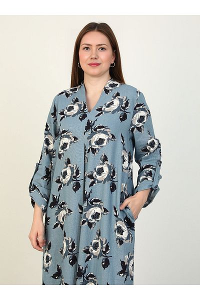 ALİA Blue Linen Plus Size Dress - Floral Pattern and Pocket Detail