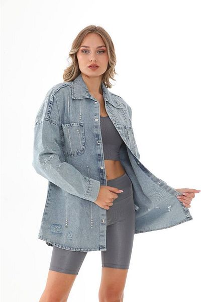 ESB Design Jachetă de damă, albastră, de buzunar, sezonieră, cu fermoar cu capse, jachetă lungă de blugi A36-087